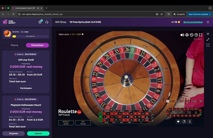 VIP French Live Roulette - Winnings Screenshot
