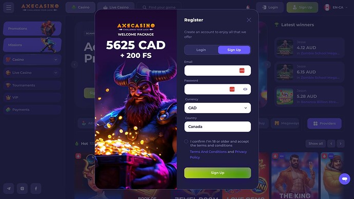 AxeCasino - Registration Process